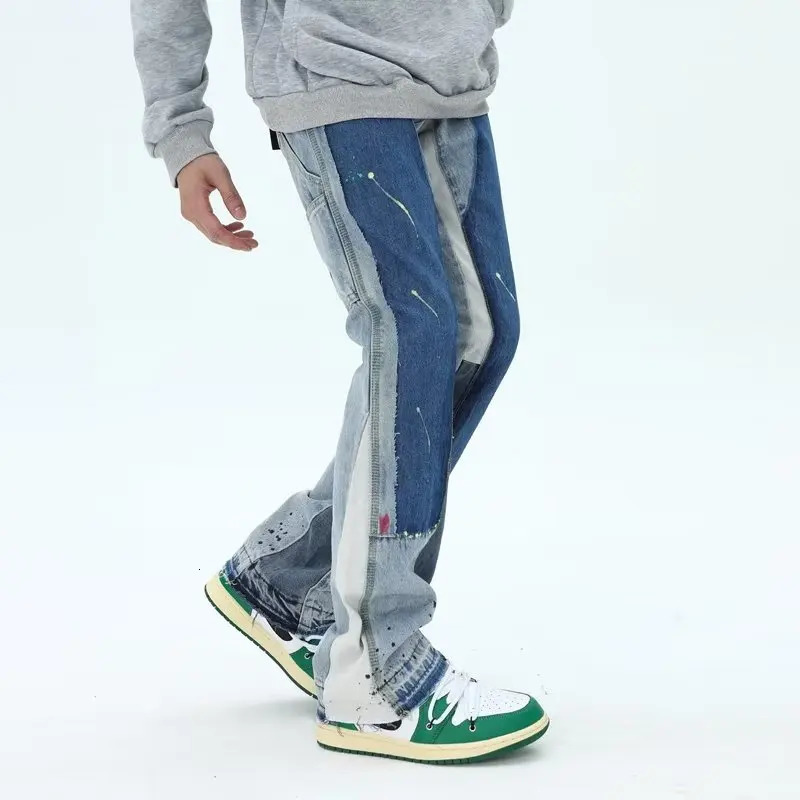 2024 Painting Patch Baggy Stacked Jeans Y2K Flare Cargo Pants For Men Clothing Washed Blue Denim Trousers PantAlon Homme 240420