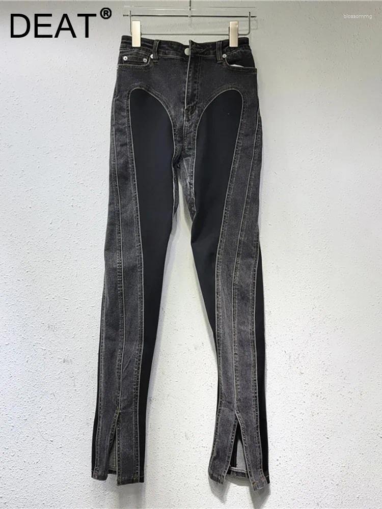 Women's Jeans Denim Pants Contrast Color Slim Split Patchwork High Quality Thin Pencil 2024 Summer Fashion 11XX4831