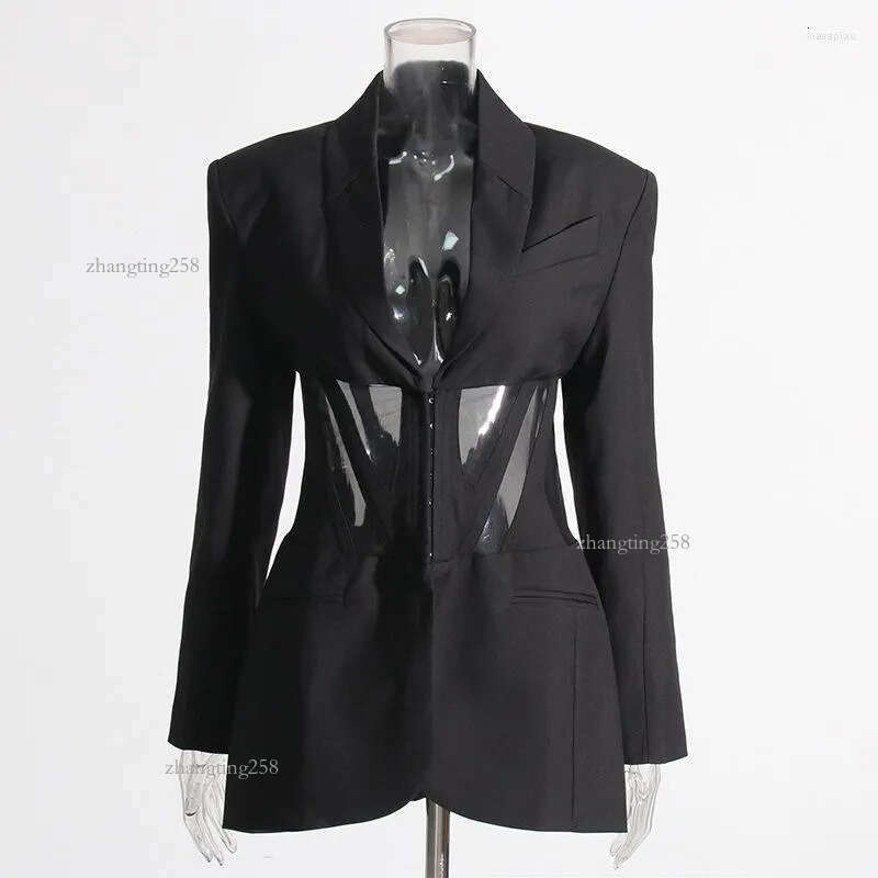 Women's Suits Black Casual Blazer For Women Sexy Mesh See Through Slim Blazers Autumn Winter Fashion Long Sleeve Button Club Party Coats