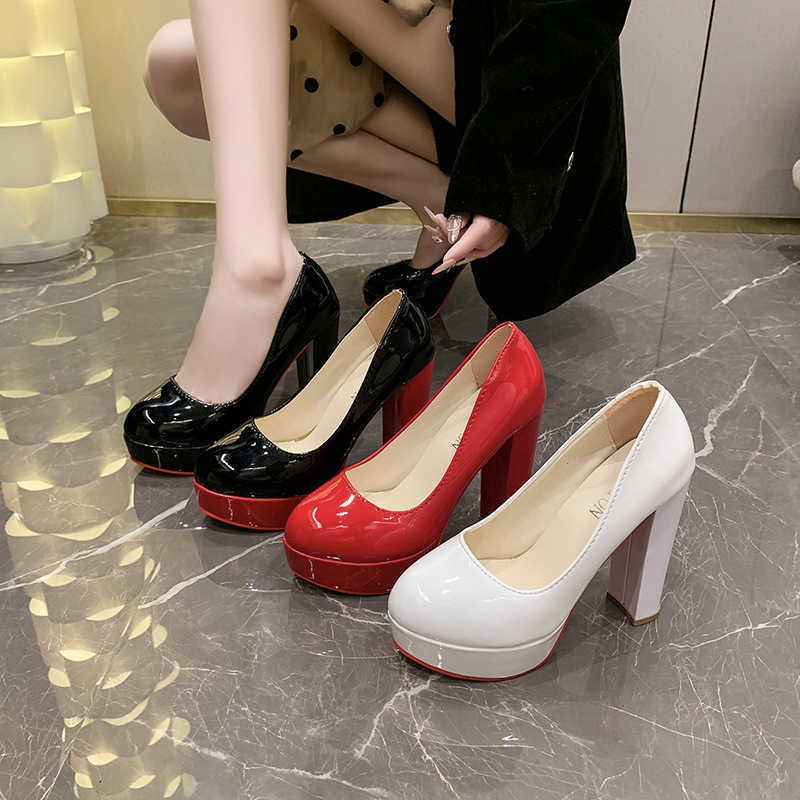 2025 Heels red bottomed 12cm French style high heels with red sole waterproof table top womens new style shallow mouth leather thick heel sexy runway 