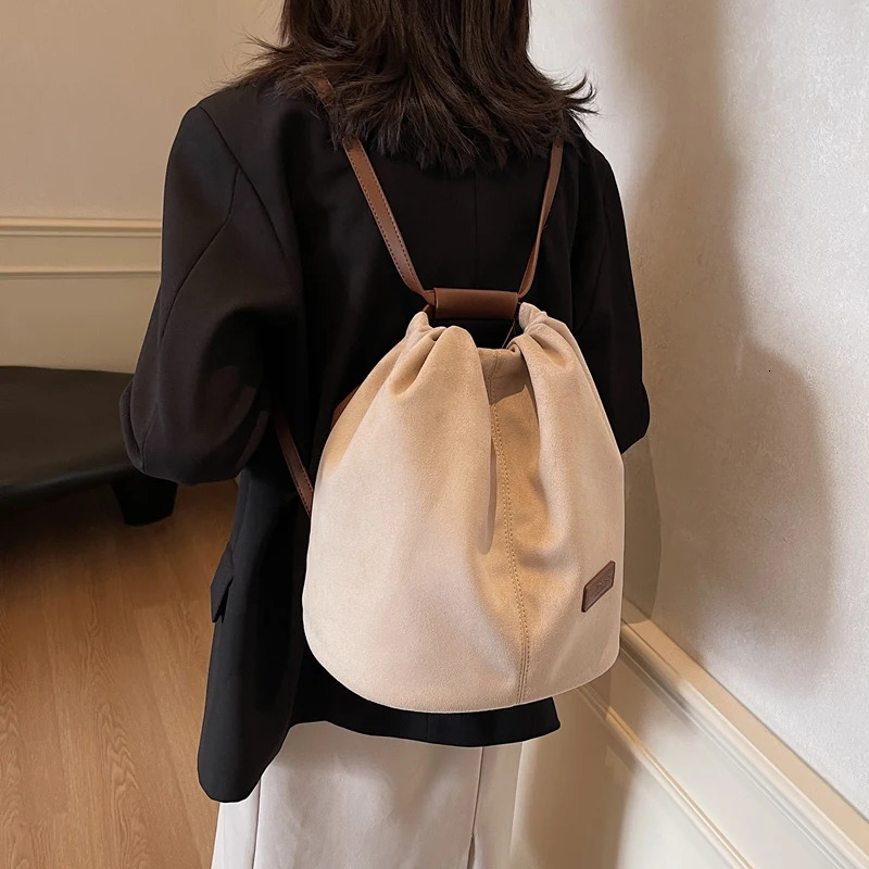 Latest Womens Fashion Backpack Drawstring Bucket Shoulder Bag Soft Suede Large Capacity Rucksack for Travel and Shopping 241122