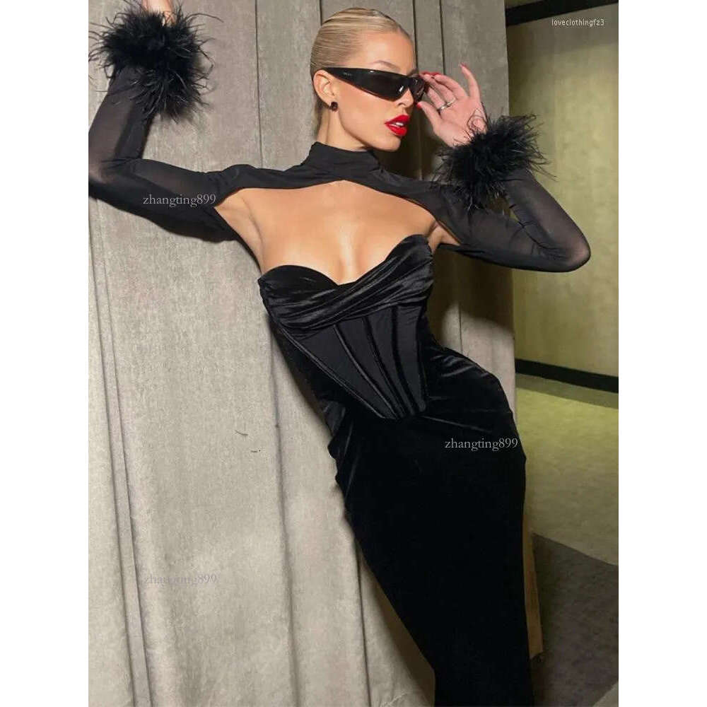 Casual Dresses Evening Party Velvet Black Corset Dress With Feathers Mesh Long Sleeve Bodycon Maxi Arrivals 2023 C16-DZ30