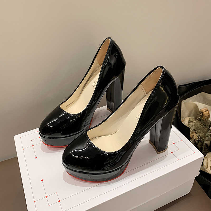 2025 Heels red bottomed 12cm French style high heels with red sole waterproof table top womens new style shallow mouth leather thick heel sexy runway 