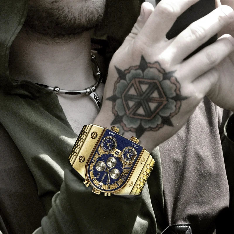 Oulm 9315 Golden Watch Quartz Male Military Wristwatch 3 Time Zone Big Dial Full Steel Men Watches Relogio Masculino 241122
