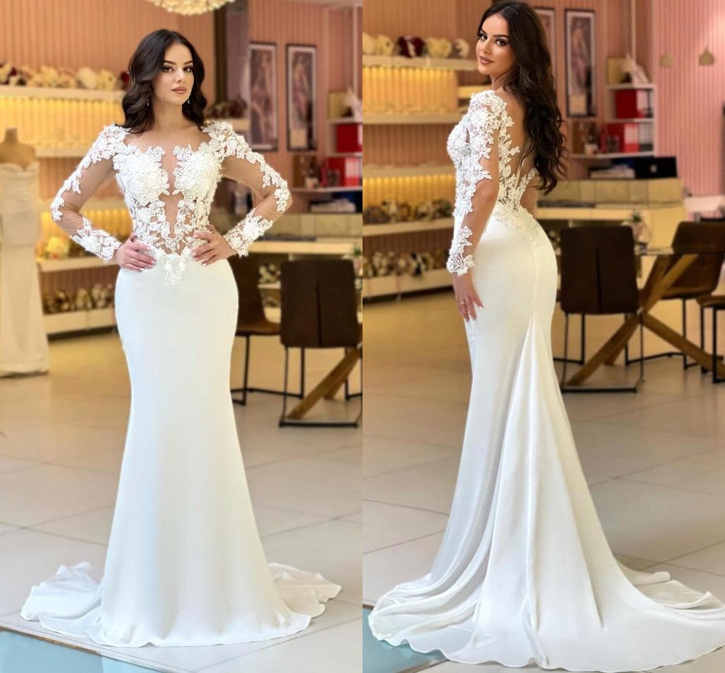 Modest Long Sleeve Sheer Appliques Lace Mermaid Wedding Dresses Arabic Dubai With Buttons Covered Back Bridal Gowns Custom Made Bc18671 6660311