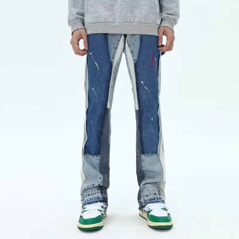 2024 Painting Patch Baggy Stacked Jeans Y2K Flare Cargo Pants For Men Clothing Washed Blue Denim Trousers PantAlon Homme 240420