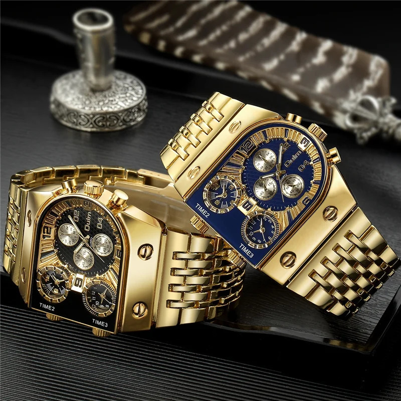 Oulm 9315 Golden Watch Quartz Male Military Wristwatch 3 Time Zone Big Dial Full Steel Men Watches Relogio Masculino 241122