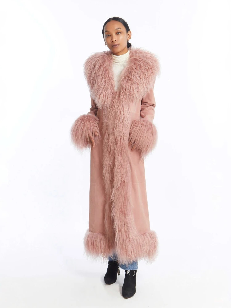 Faux Mongolian Fur Trim Coats for Women Fully Cotton Lined Suede Maxi Winter Jackets Warm XLong Hook Closure RR2813 241121