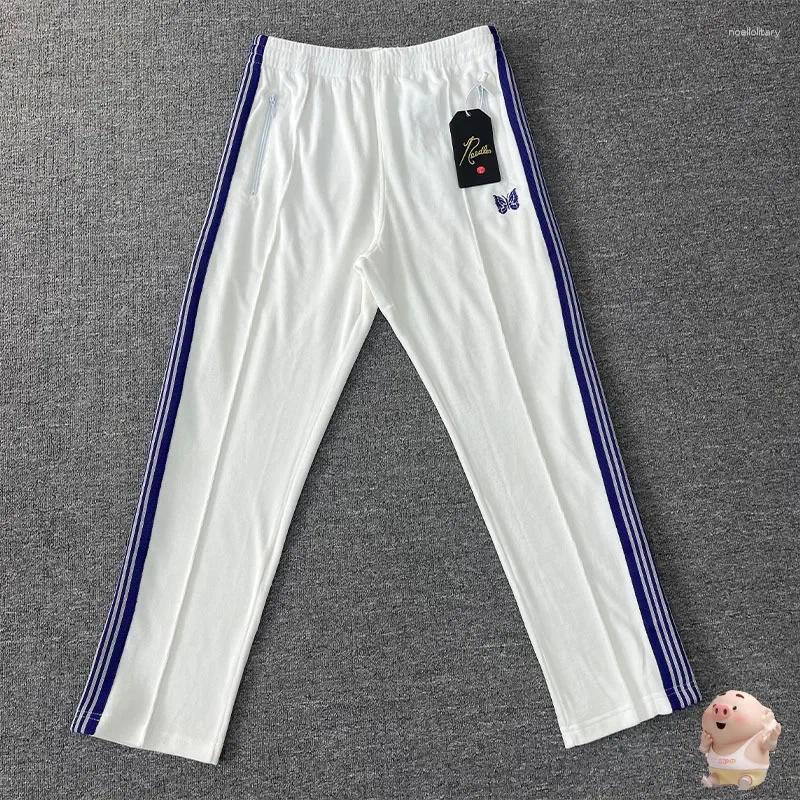 Men's Pants High Quality Multicolor Embroidered Butterfly Ribbon Stripe Needles Pant Velvet Trousers Men Women AWGE Track Sweatpants