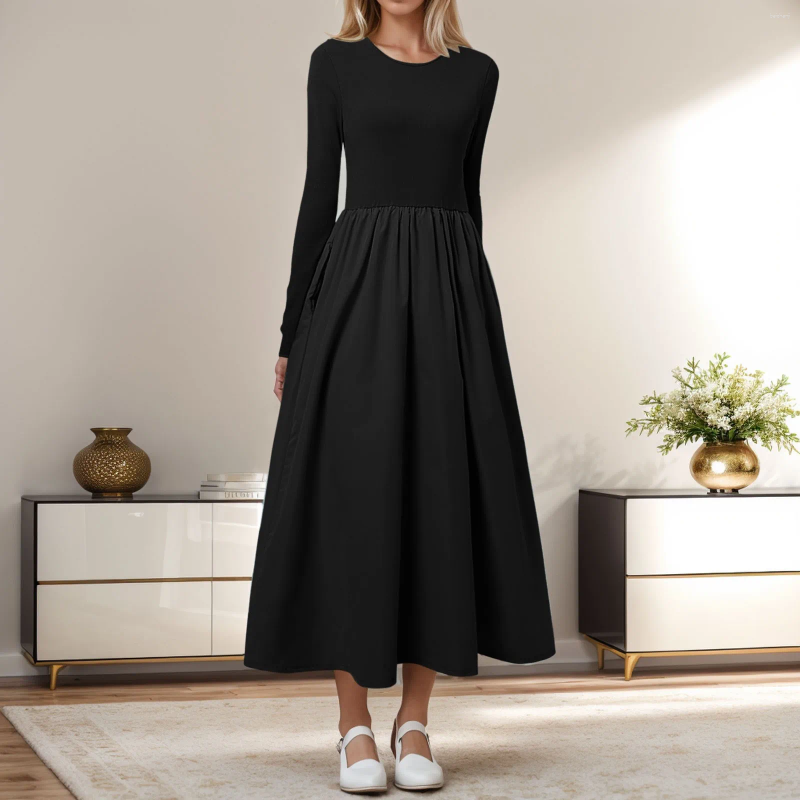 Casual Dresses Elegant Women Crew Neck Long Dress Office Lady Sleeve Large Swing High Waist Party Flowy Boho Wedding Guest