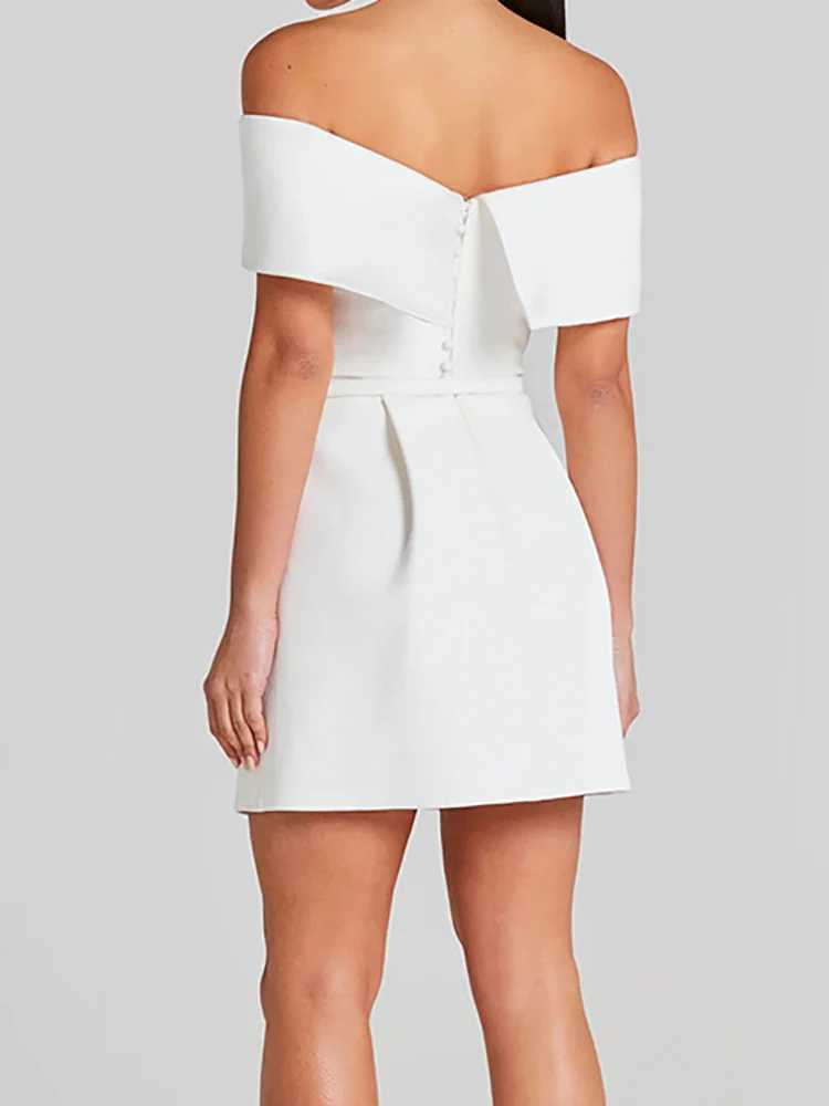 Wen Simple Pahwork Off The Shoder Party Dress Spring/Summer Short Sve Mini Dress Slash Neck Solid Womens Dress M241123