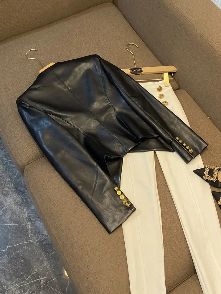 Fashion Slim Fit PU Leather Jacket Women Clothing Autumn/Winter Business Outfits Gold Button Black Suit Blazer Women Coat 241122