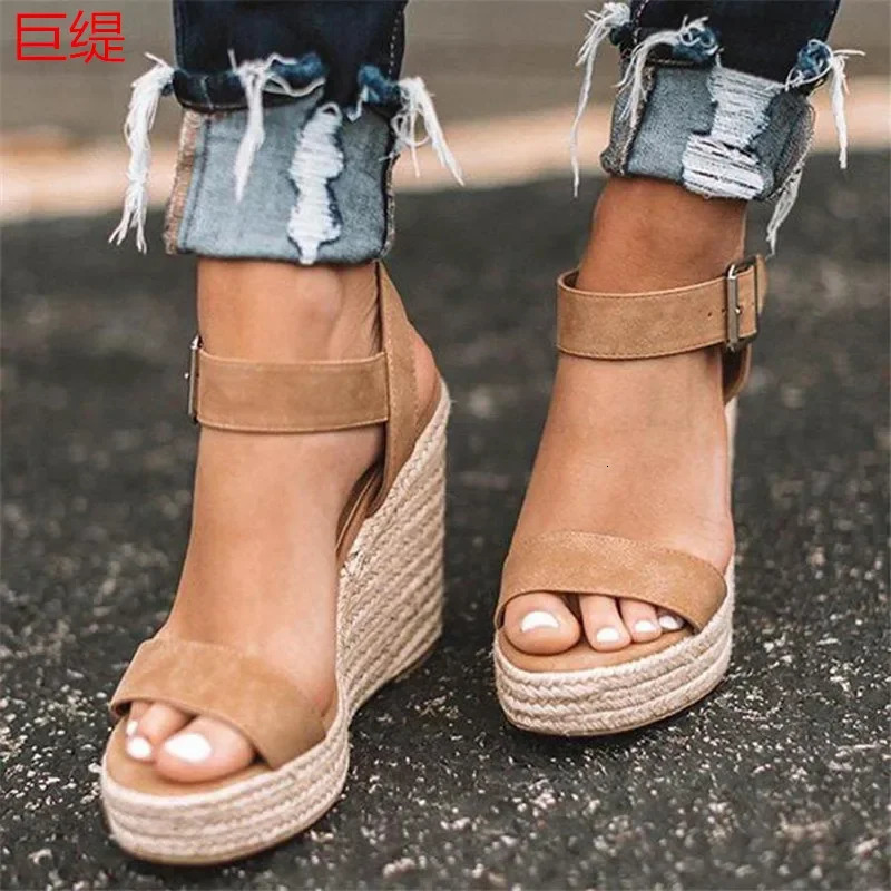 Summer Platform Sandals Women Peep Toe High Wedges Heel Ankle Buckles Sandalia Espadrilles Female Shoes 240412