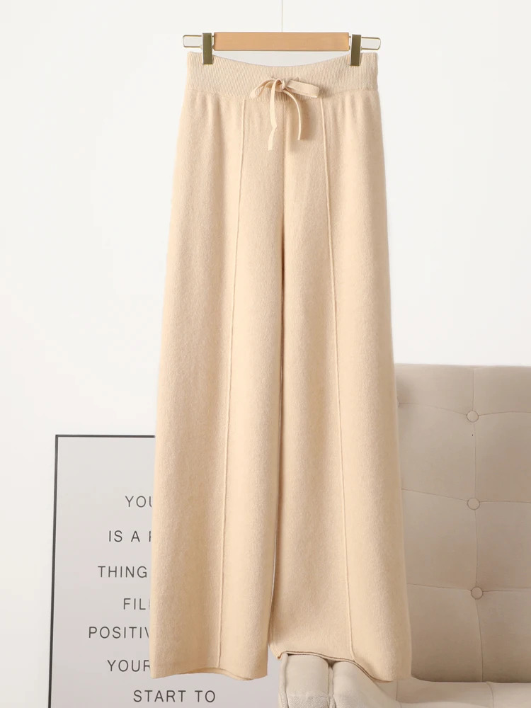 Women 100% Merino Wool Knitted Wide Leg Pants Autumn Winter Basic Soft Warm Cashmere Knit Trousers Casual Simple Style Korean Z260314