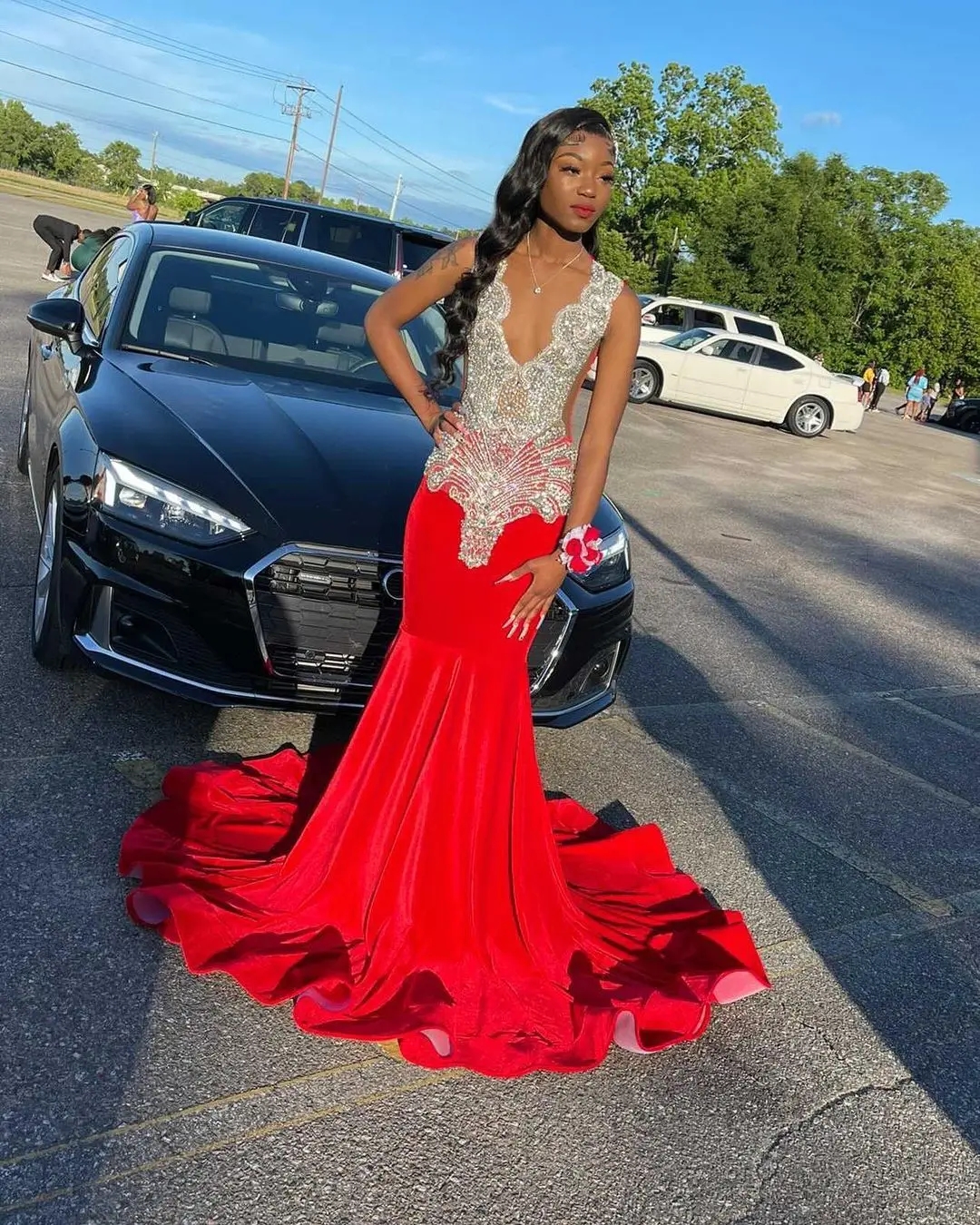Red Prom Dresses With Gliter Sier Crystals Sequins Beads For African Women 2024 Evening Party Gowns Sexy V Neck Robe De Bal 6660311
