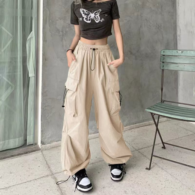 designer pants women Women Big Pockets Cargo Pants Y2k High Elastic Waist Drawstring Baggy Trousers Vintage Casual Loose Side Zipper Straight Pants