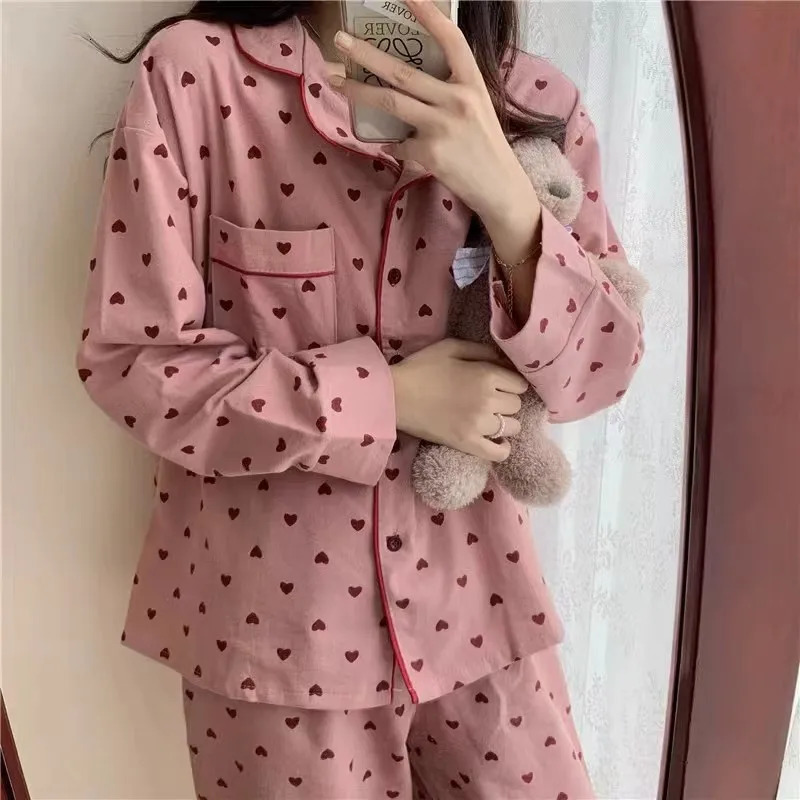 Cotton Sleepwear Korean Pajamas Women Spring Cute Heart Print Pyjamas Long Sleeve Pijama Female Set Negligee Cardigan Suit 241120