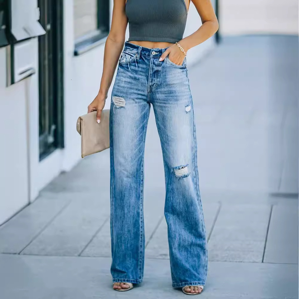 Designer women's fashion washed, ripped holes, slimming, wide leg jeans, denim pants