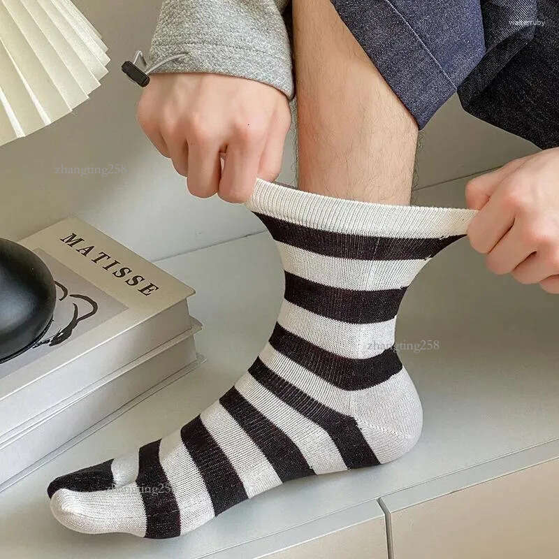 Men's Socks 2 Finger Slipper Cotton Tabi Toe Mid-tube Autumn Winter Warm Sweat-absorbing Striped Two Toed Flip-flop