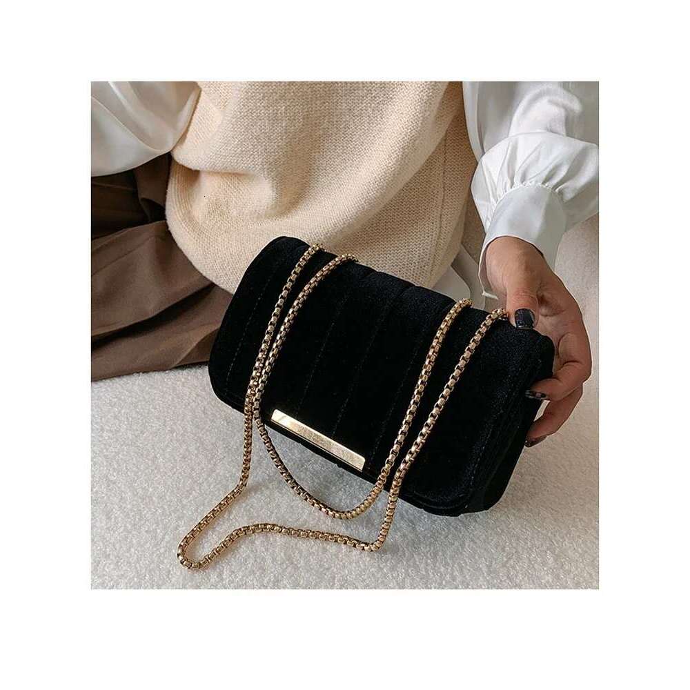 Gold Veet Fabric Small Square With Single Shoulder Chain Crossbody Bag Embroidered Thread Women's