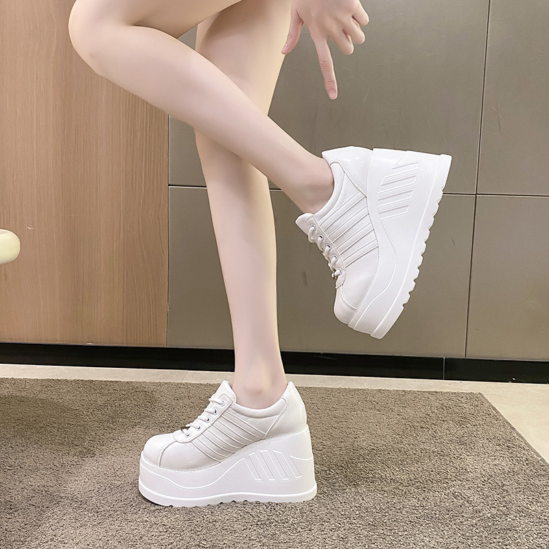 White Shoes Women Lace Up pu Leather Wedges Designer Pumps Shoes Female Breathable Chunky Platform Fashion Sneakers High quality height increasing sho