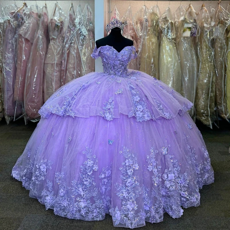 Lilac Off Shoulder Quinceanera Dresses 3D Floral Appliques Floor Length Tiered Ball Gown Prom Dress Back Lace-Up Sweet 16 Robe Princess Vestido De 15 