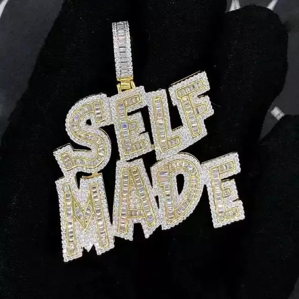 Hip Hop Iced Out Bling Full 5A Cz Paved Big Letter Self Made Charm Pendant Necklaces With Long Rope Chain Jewelry For Men 241122