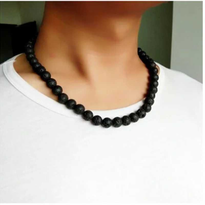 Trendy Men Necklace 6/8mm Black Lava Stone Yellow Tiger Eye Choker Rock Beads Necklace Men Jewelry Handmade Collar DropshippingX241122