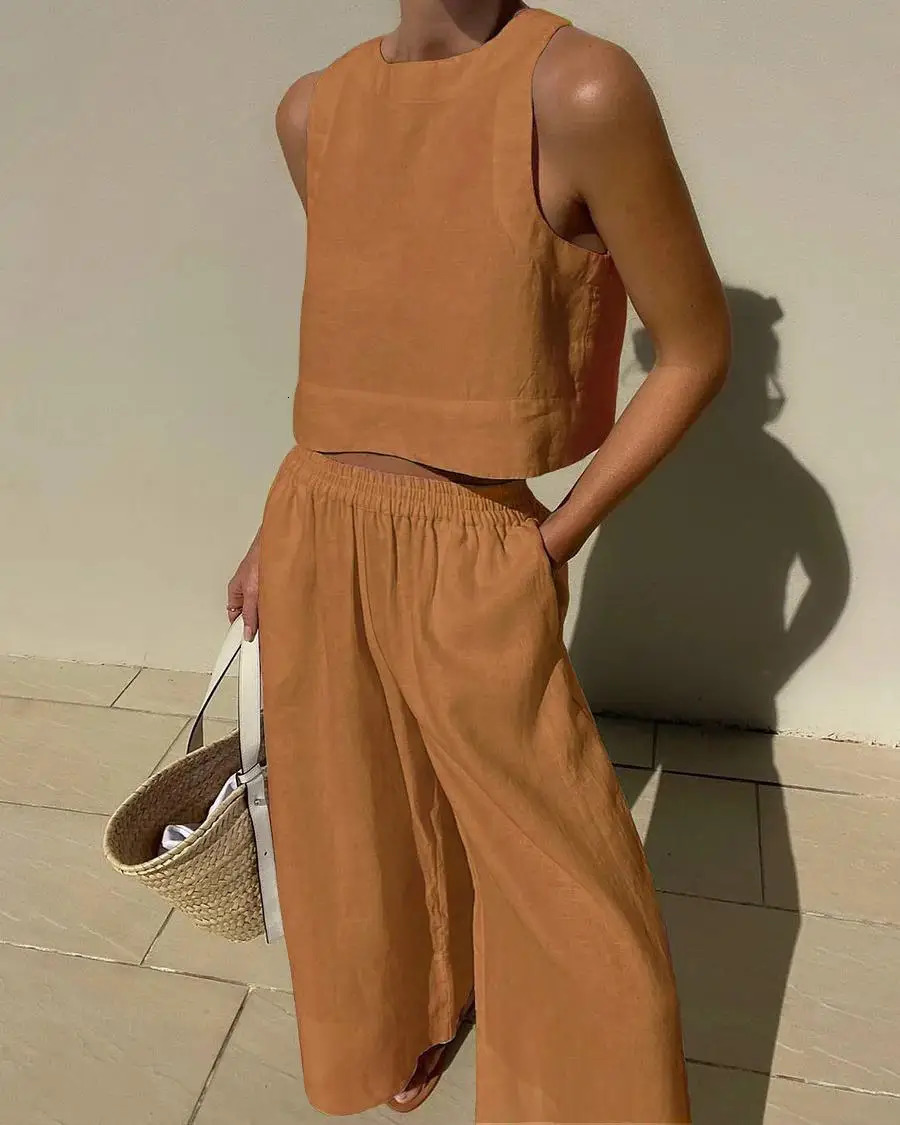 Women Spring Summer Fashion 2024 Holiday Linen Pant Set Crop Tops Solid Outfits Sleeveless 2 Two Piece Matching For 240407