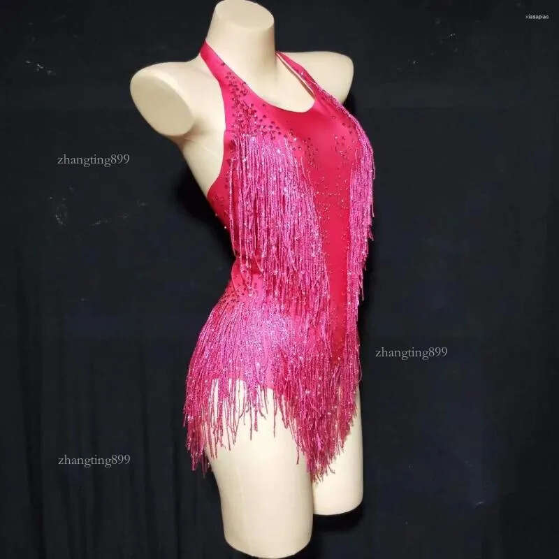 Stage Wear Multicolored Shining Tassel Fringe Rhinestones Halter Backless Sexy Women Leotard Bodysuit Nightclub Wears Pole Ballroom Cloth
