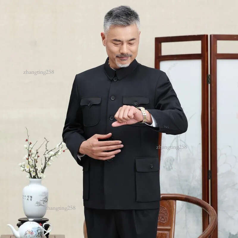 Traditional Chinese Tang Suit for Men Jacket Coat New Year Spring Festival Tunic Zhongshan Mao Suit Blazer Knitting Pockets Top