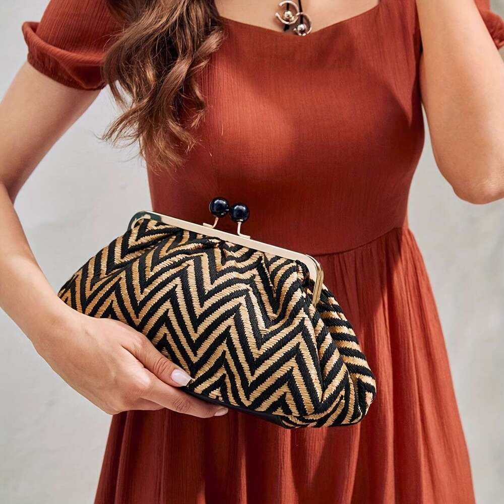 Women's New Elegant Striped Hand Bag Black Bead Buckle with Gram Removed Shoulder Strap for Weddings, Parties, Balls