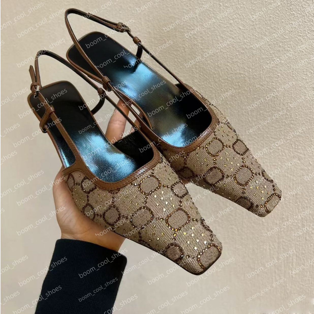 Women Sandal Rhinestone Slingback Heels Mesh Shallow Cut Shoes Women Backless Heels Pumps Lady Mid Heel Hasp Party Shoes Heels Designer