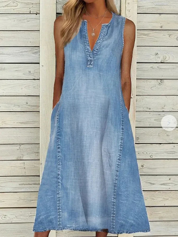 Women Vneck Sleeveless Midi Dress Spring Summer Denim Pockets Casual Loose Beach Long Dresses Streetwear 240422