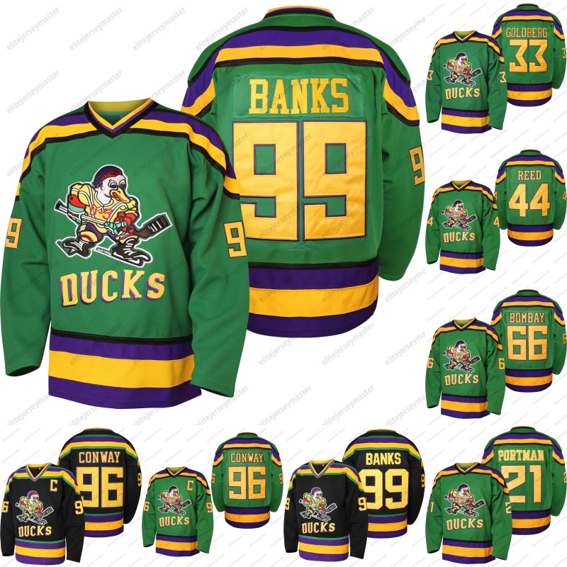 Mighty Ducks Jerseys 96 Charlie Conway 99 Adam Banks 33 Greg Goldberg Movie Hockey Jersey Black Kids