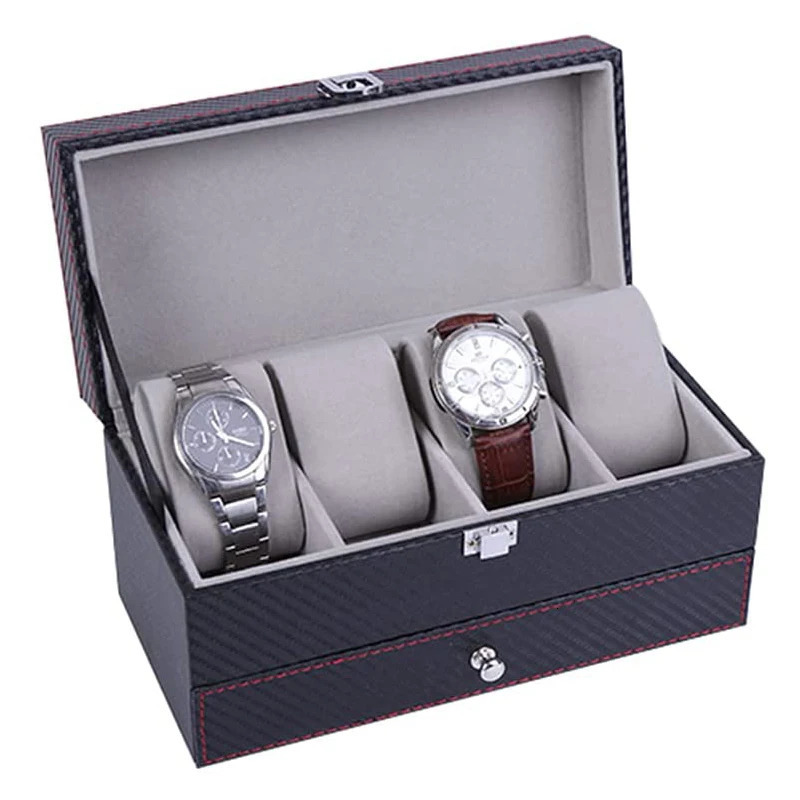 Watch box PU leather jewelry organizer mens/womens travel display box 4-slot magnetic top black 241122