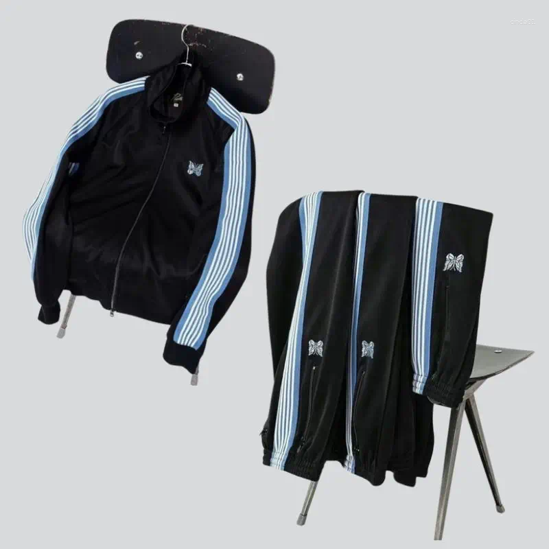 Men's Pants Limited Blue Butterfly Embroidery Stripes Jackets Black Sweatpants Men Women Tracksuit