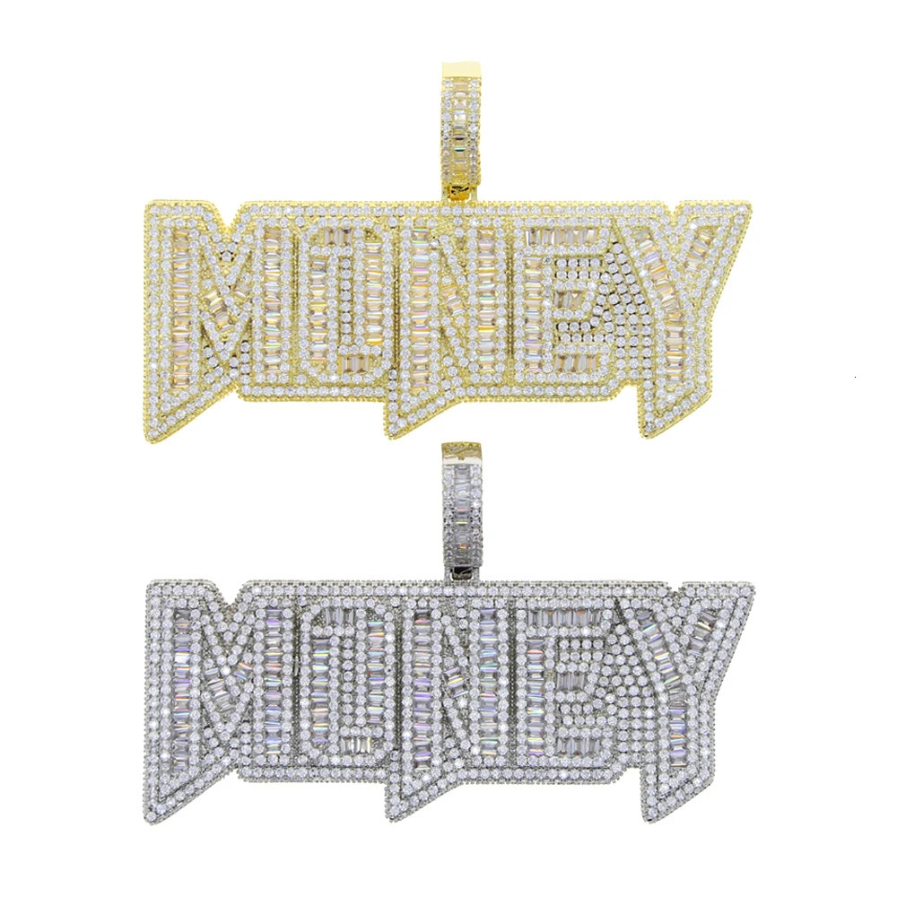 Iced Out Bling Letters Money Pendant Necklace Gold Silver Color Rectangle CZ Zircon Charm Mens Women Hip Hop Jewelry 241122 - view 4