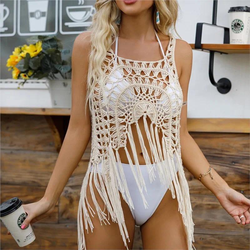 Beach Cover Up For Women Outlet 2024 Dress Ladies Flower Fringe Vest Hollowed Out Swimsuit Top Solid Acrylic Summer Swim Wear