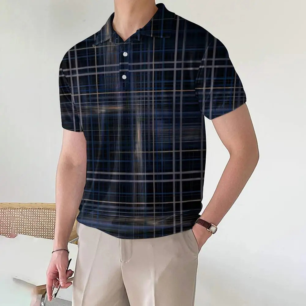 Mens Polo Shirts Fashion Short Sleeve Tops 3d Printed Plaid Man Casual Loose Blous 240420