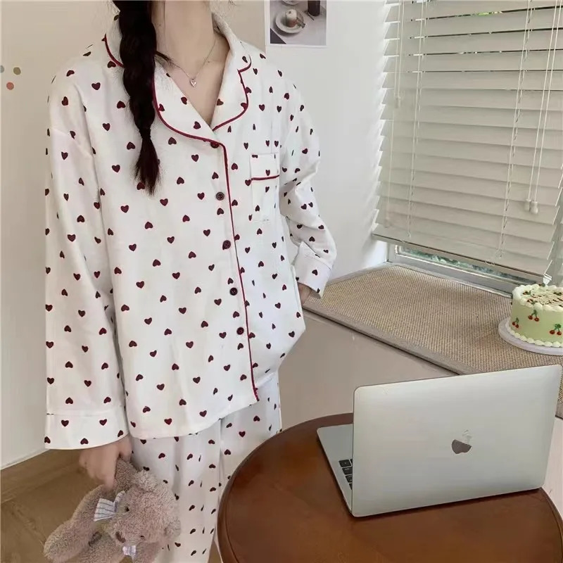 Cotton Sleepwear Korean Pajamas Women Spring Cute Heart Print Pyjamas Long Sleeve Pijama Female Set Negligee Cardigan Suit 241120