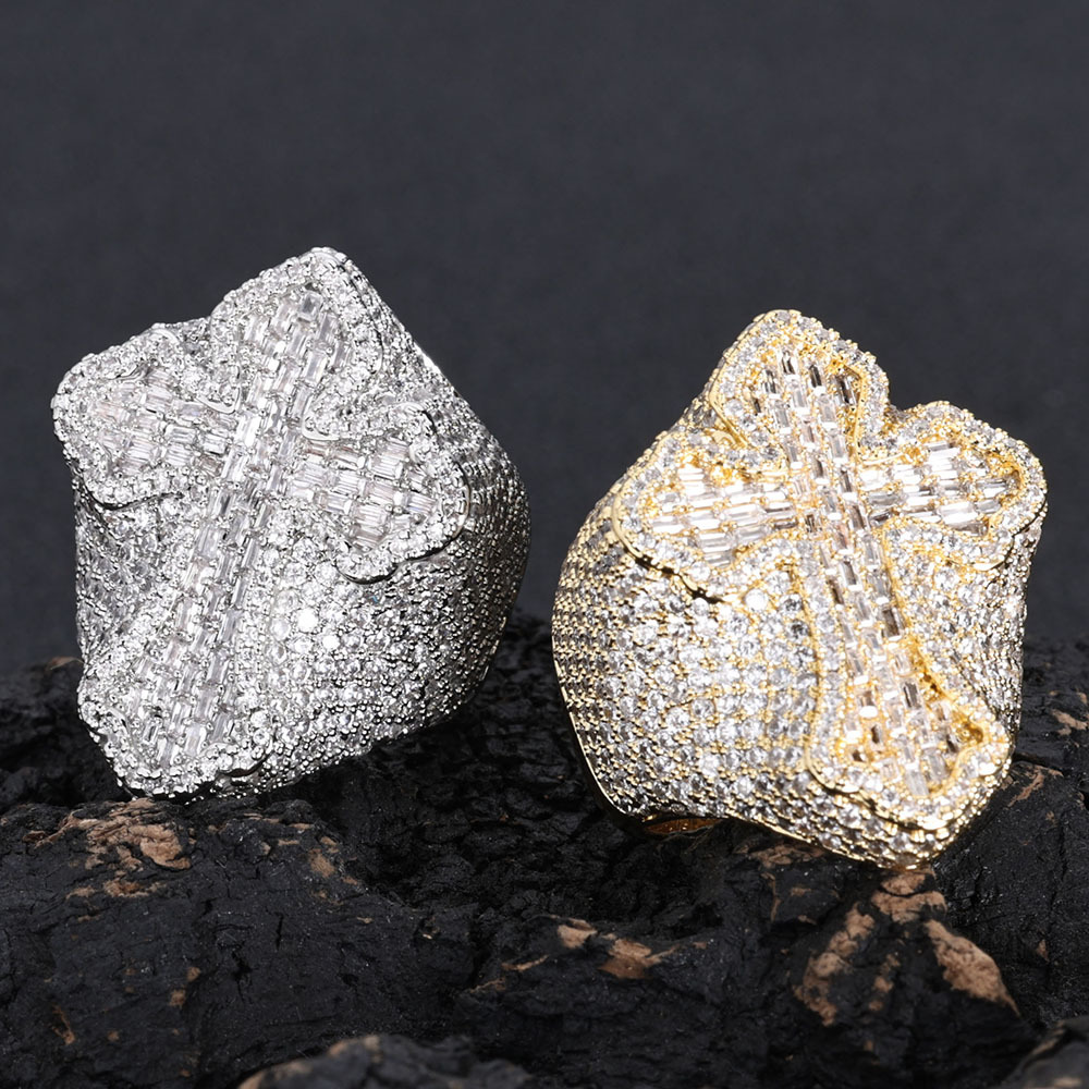 Hip Hop Cross Ring 18K Real Gold Plated TopBling 5A Cubic Zircon Religious Mens Jewelry