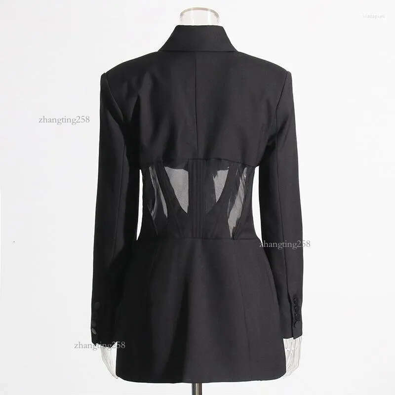 Women's Suits Black Casual Blazer For Women Sexy Mesh See Through Slim Blazers Autumn Winter Fashion Long Sleeve Button Club Party Coats
