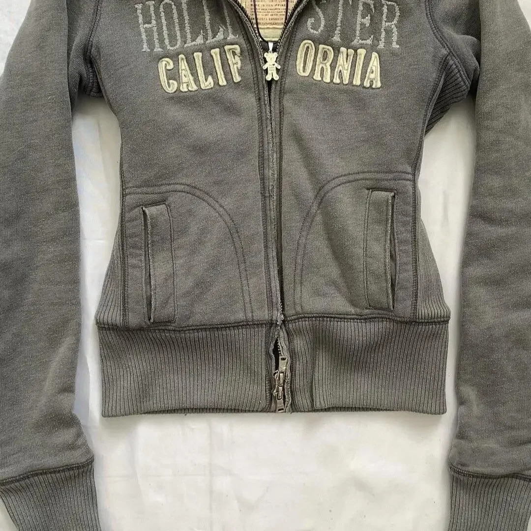 Autumn Winter Retro Cashmere Warm Hoodies Harajuku Women Letter Embroidery Zip Up Hoodie Thickening Fur Collar Jacket 241121