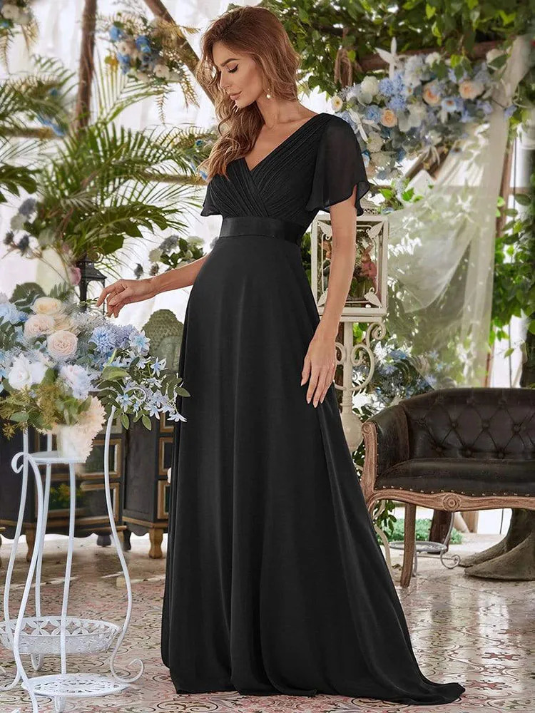 Women Pink Bridesmaid Dresses Long Elegant A Line Double V Neck Ruffles Chiffon Formal Wedding Party Dress Long Prom Dress 240420