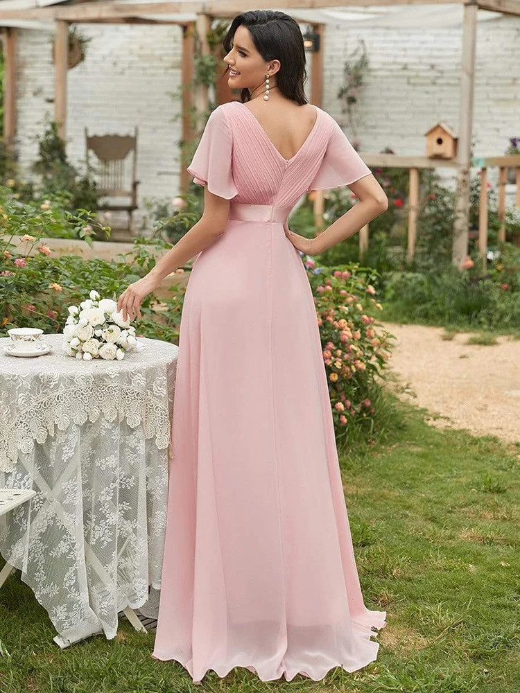 Women Pink Bridesmaid Dresses Long Elegant A Line Double V Neck Ruffles Chiffon Formal Wedding Party Dress Long Prom Dress 240420