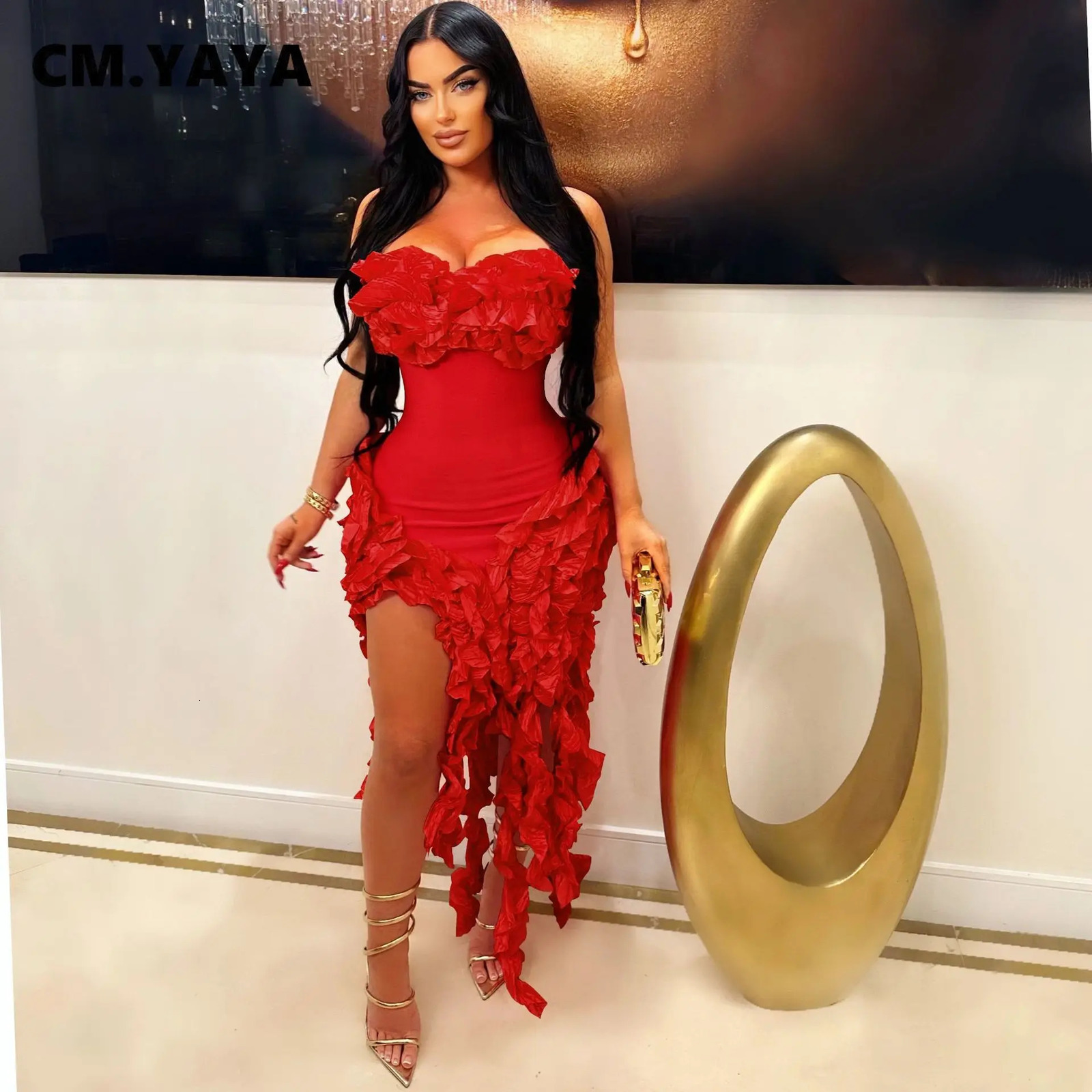 CM.YAYA Women Strapless Ruffles Tassel Splicing Irregular Birthday Bodycon long Maxi Dress Even Sexy Party Dresses Vestidos 241120