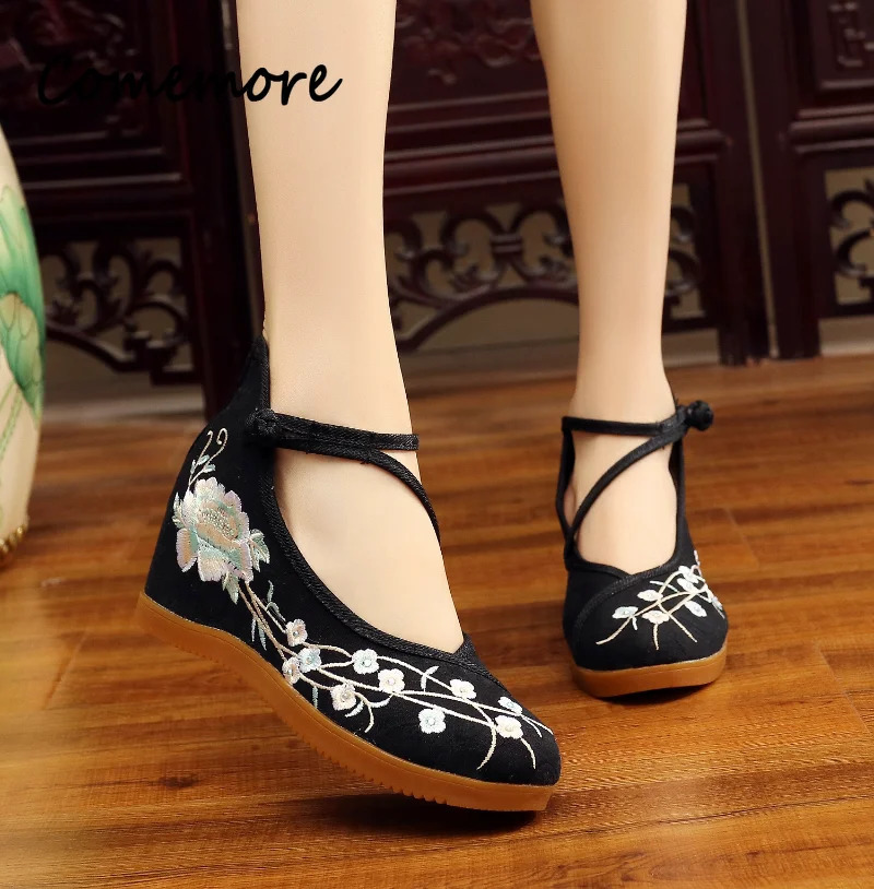 Comemore Chinese Embroidered Flowers Shoes Wedge Heel High Top Hidden Platform Ankle Strap Ladies Casual Canvas Shoe 241122