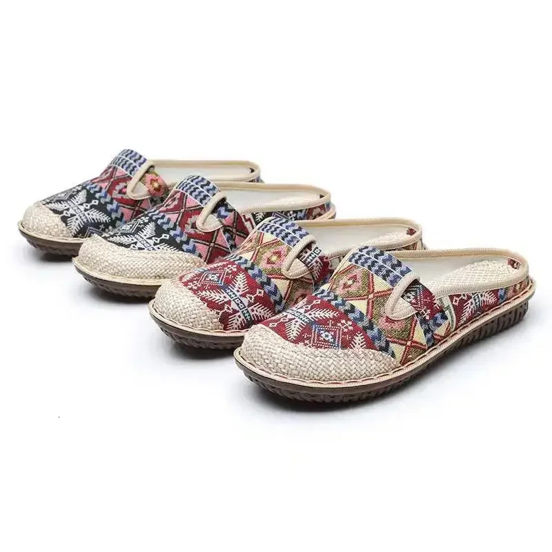 Womens Ethnic Style Slippers Fashion Women Shoe Wedge Cloth Shoes with Soft Soles Walking Slipon Mules Zapatilla De Mujer 241122
