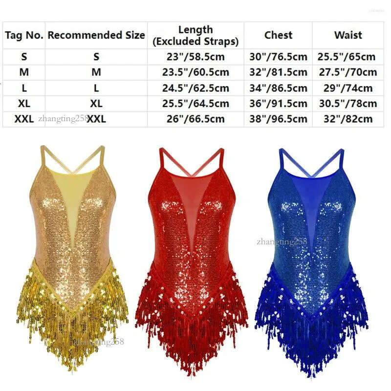 Stage Wear Womens Sparkly Tassel Bodysuit Sequins Gymnastics Ballet Dance Leotard Fringed Jumpsuits Latin Jazz Performance Costume